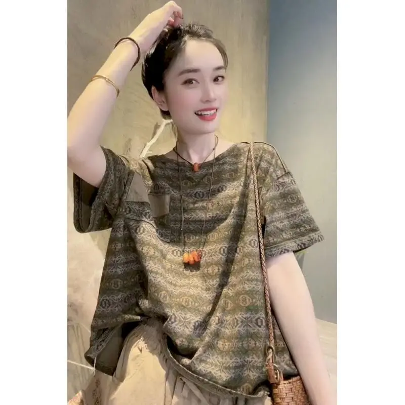 Short Sleeve T-shirt for Women Summer Trend Thin Tops Fashion Pocket Design Tshirt Artistic Color Blocking Casual Loose Tees