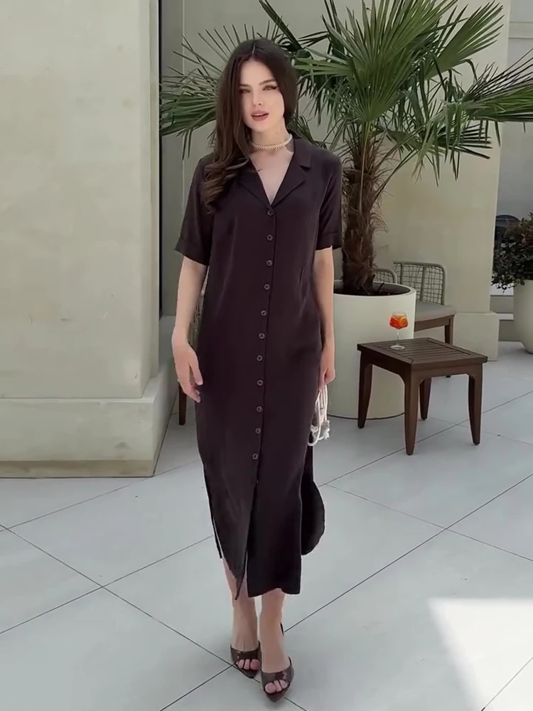 우아한 뒤 자수 속이 빈 드레스 봄 여성 싱글 브레스트 셔츠 드레스 여름 높은 허리 느슨한 무릎 길이 드레스