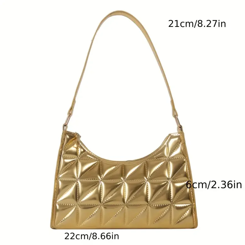 Glossy Quilted Shoulder Bag, Metallic Color Underarm Purse, Stylish Handbag For Women