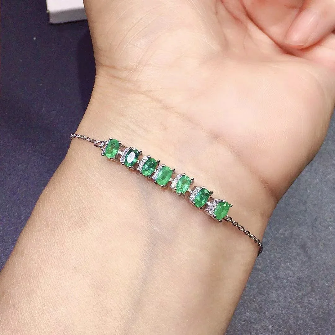 Silver Emerald Bracelet for Office Woman 3mm*5mm Total 1.7ct  Natural Emerald 925 Silver Bracelet with 3 Layers Gold Plating