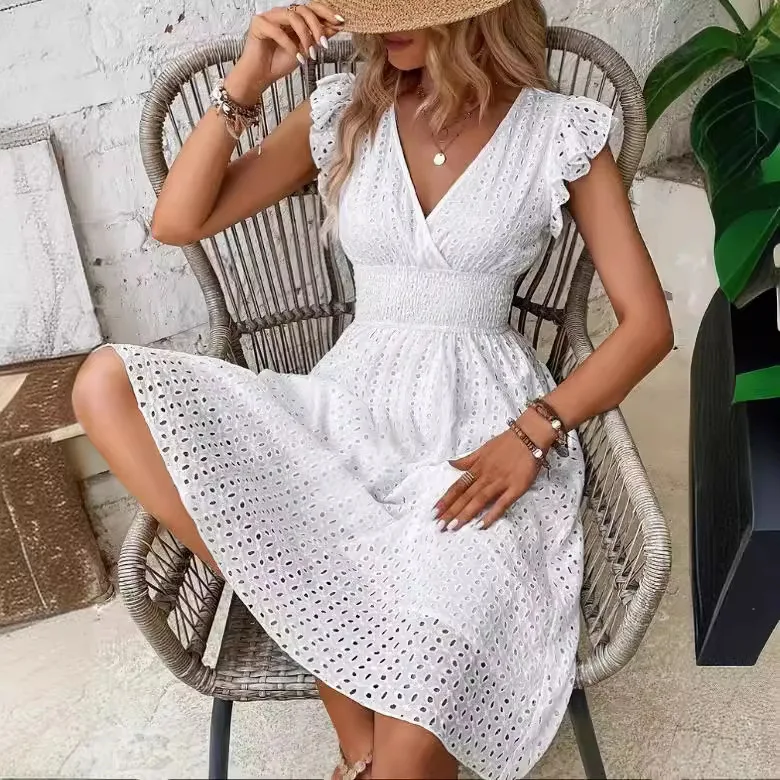 Summer Party Dress Cotton Ladies Midi Hollow Splicing Dress 2025 Elegant Show Thin Temperament Evening Dresses Woman Vestidos