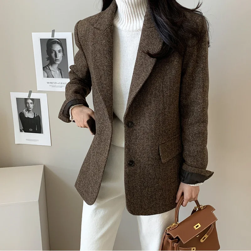 Blazer holgado de lana para mujer, chaqueta elegante de manga larga con botones y cuello vuelto, Estilo Vintage, a la moda, novedad de 2023