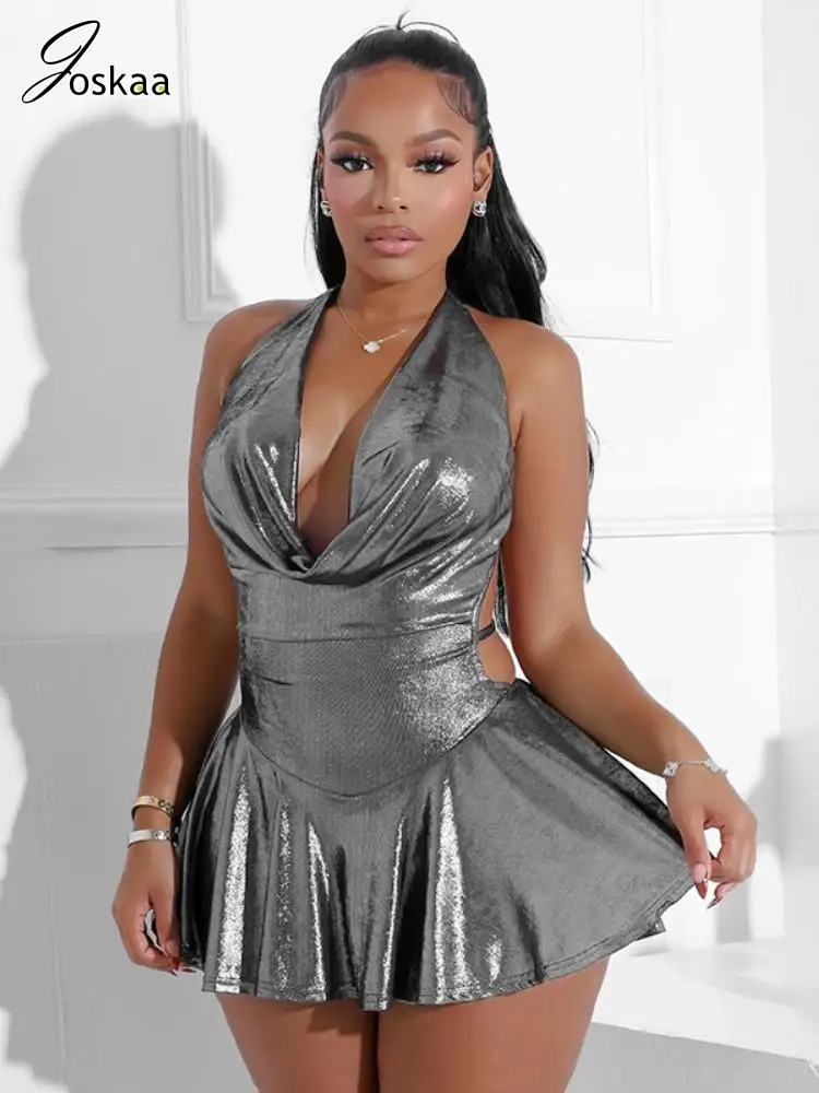 Joskaa Metallic Glanzend Effen Halter Geplooide Jurk Vrouwen Hipster Sexy V-hals Backless Skinny Mini Jurken 2025 Midnight Clubwear