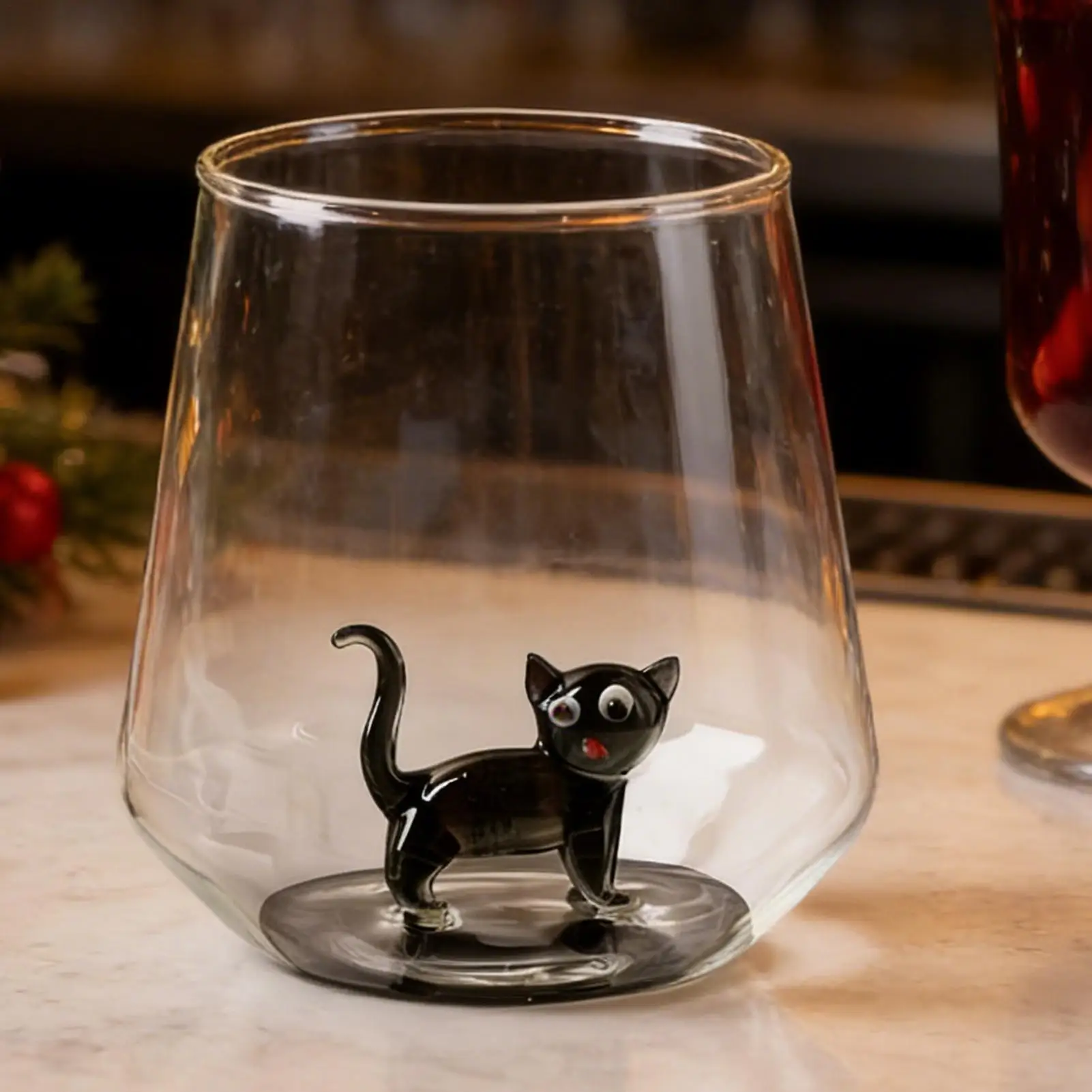 Adorable Cat Glass Coffee Mug 3D Cat-Shaped Handleless Wine Glass Teacup Glass Mugs Carton Animal Milk Glass Breakfast Milk Cup