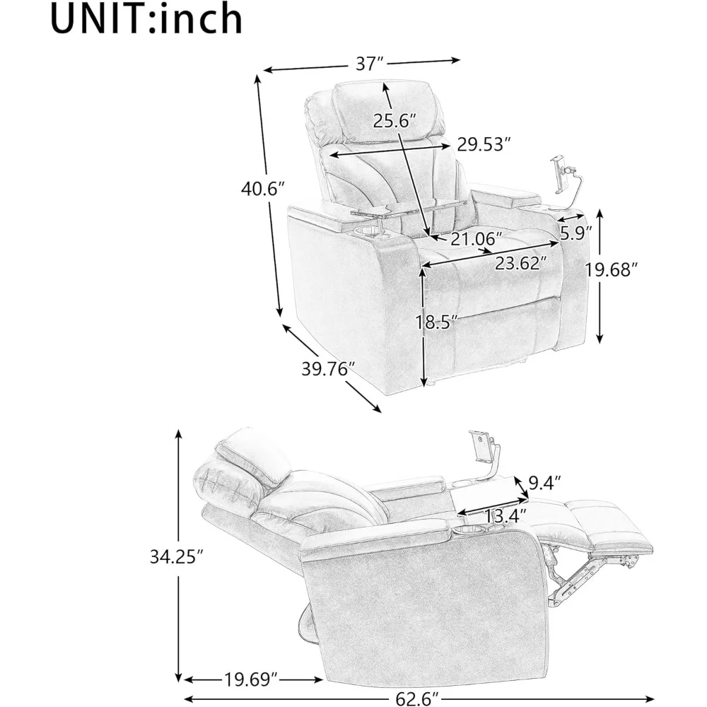 Cinema chair, leather electric cinema lounge chair with USB charging port and cup holder, stereo home cinema seat