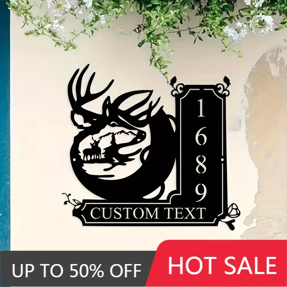 

Home Decor,Customizable Handmade Metal House Sign with Deer - Mountain Scene for Wall - Mounted Door ID and Name Tag No Electric