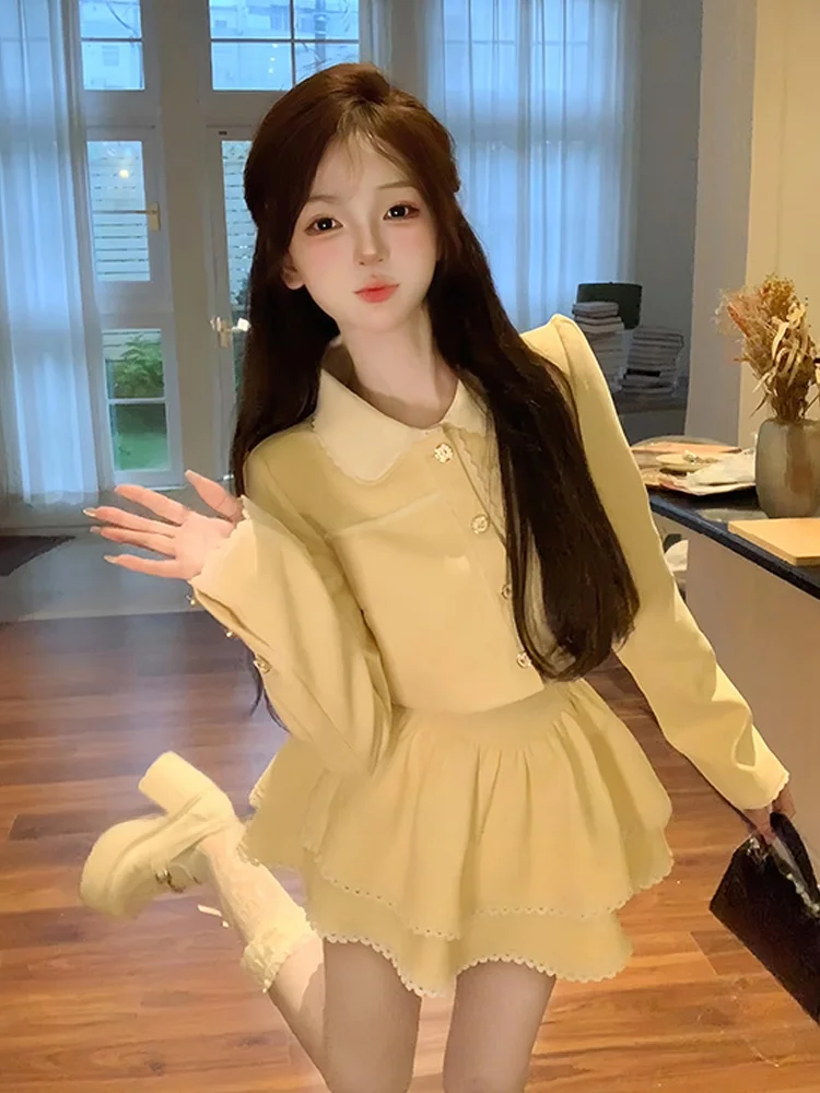 

Syj ujia Micro plus Size MM Small Fraance Sle Long Sve Early Autumn Sweet And Spicy Girl High Waist Puffy Skirt Set