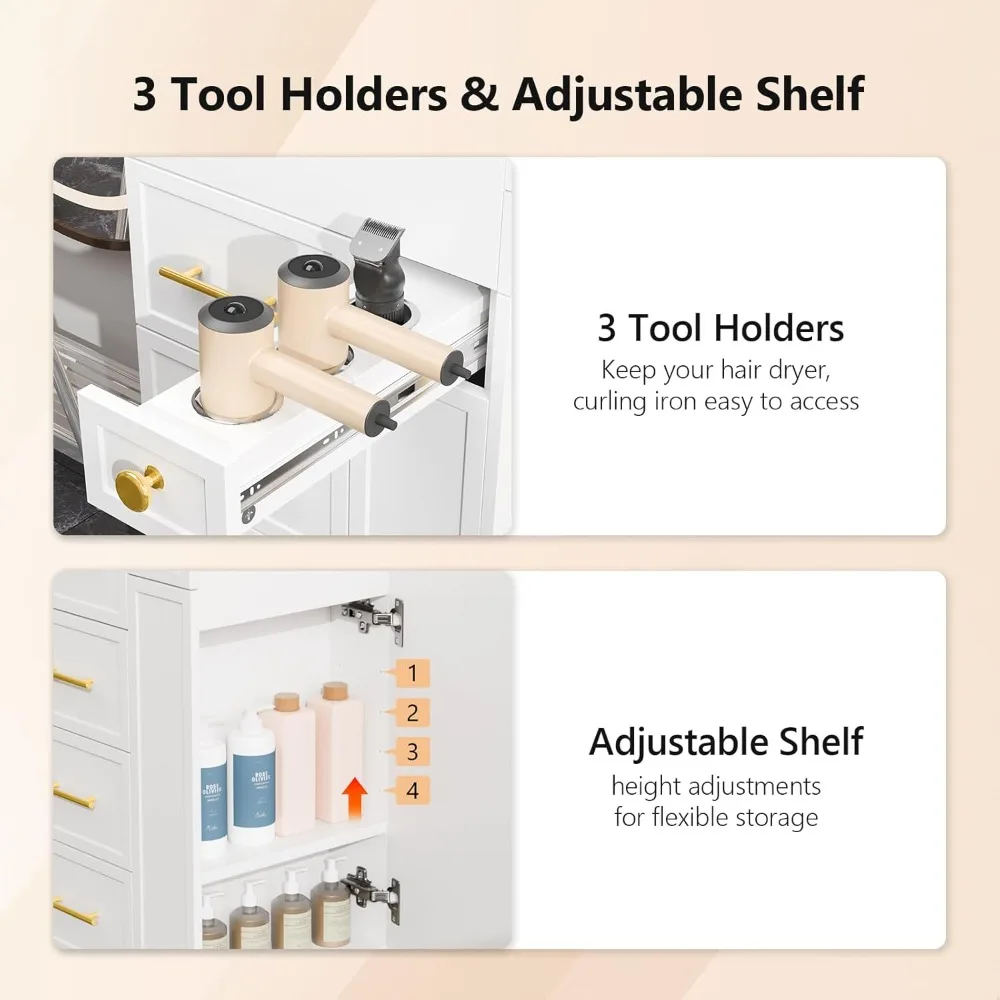 Carrinho de salão de beleza, estação de estilo de cabelo com 5 gavetas, 3 porta-ferramentas e prateleira ajustável, armário de armazenamento móvel