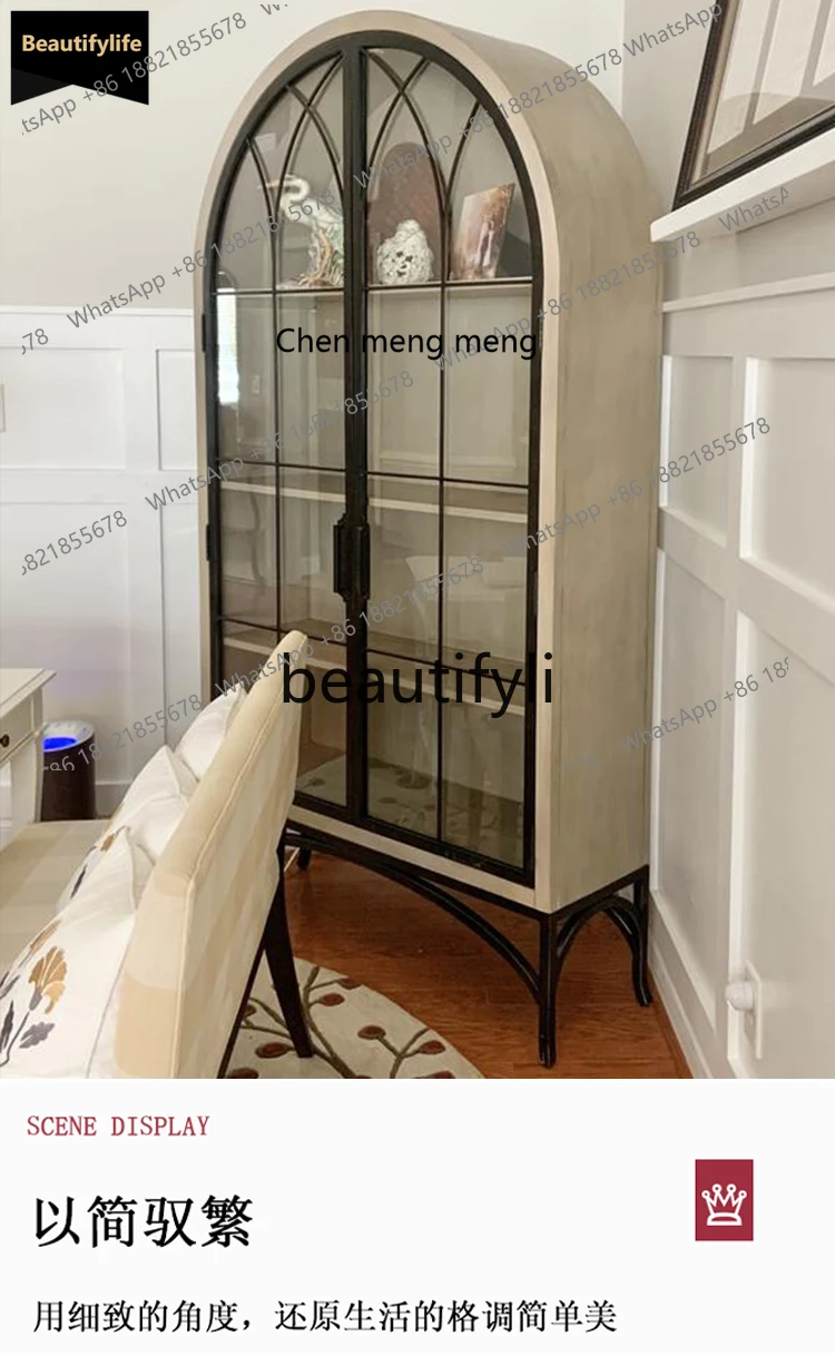 

GG American-style Light Luxury Solid Wood Bookcase Living Room with Glass Door Decorative Cabinet Arched Display Cabinet