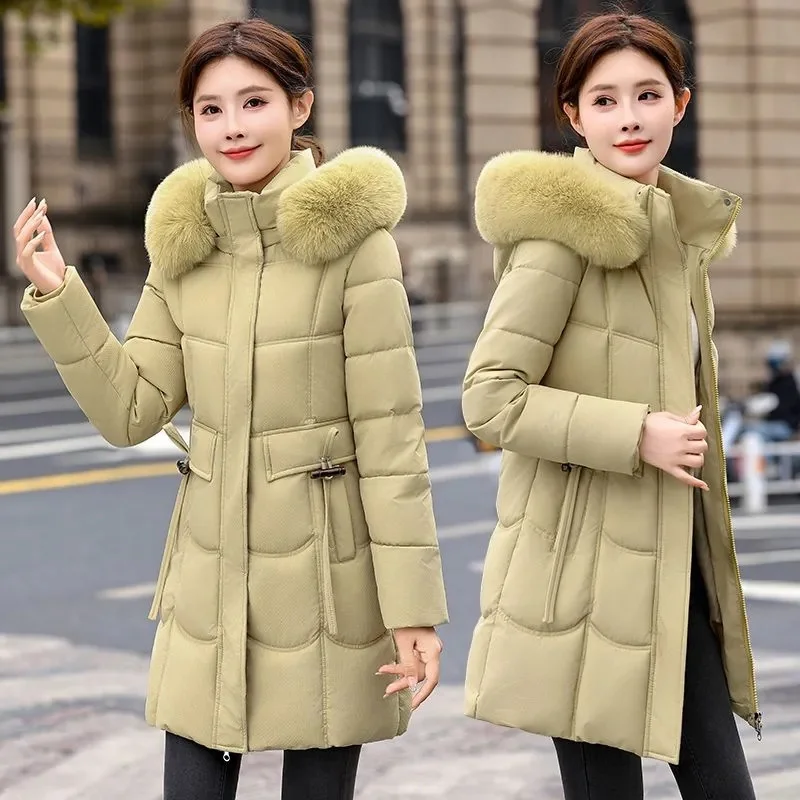 Women Winter Fur Collar Hooded Parka Fashion Letter Patch Zipper Pockets Design Long Jacket Elegant Slim Warm Thick Female Coats