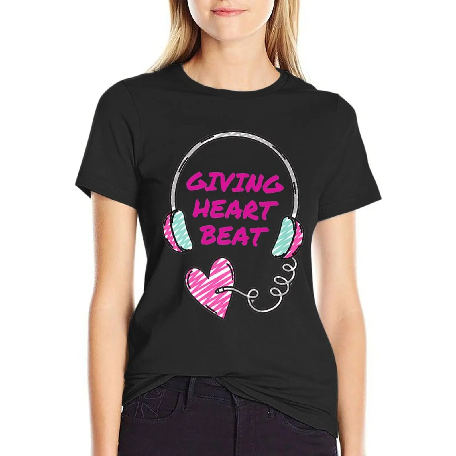 GivingHeartBeat Podcast Hot Pink Text Headphones Heart Plug T-Shirt anime clothes animal prinfor Women t-shirts