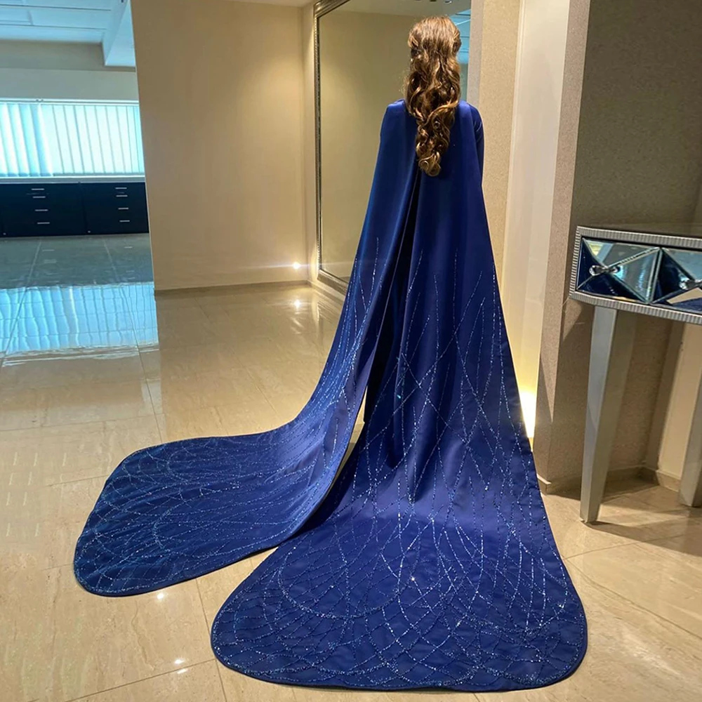 Royal Blue Evening Dress Saud Arabic Prom Dresses Customized 3/4 Sleeves Beading Wings Straight Party Gown Special Occasion