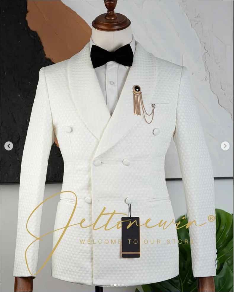 Men's White Micro Check Double Breasted Suit Two Piece Set Slim Fit Formal Wear for Wedding Groomsmen Party Event