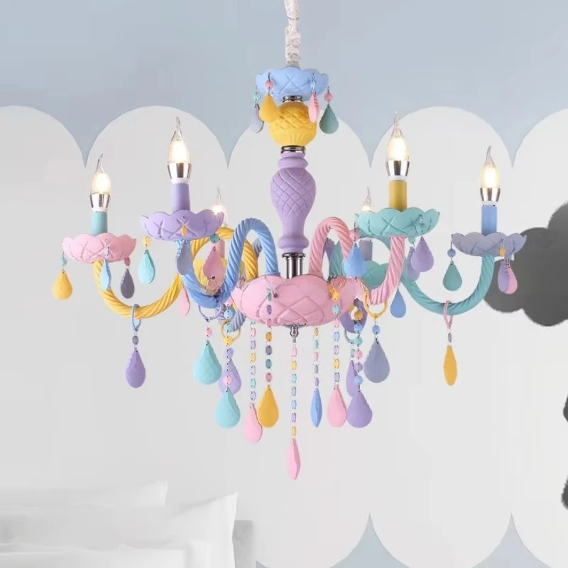 Nordic style fiberglass macaron chandelier LED lamp colorful candle decoration suitable for princess