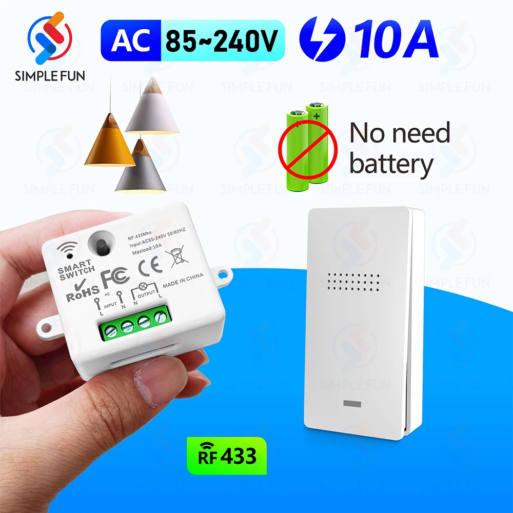 433MHz 110V 220V Wireless Self-Powered Light Switch,Kinetic Push Button Switch No Need Battery,for Remote Control LED Fan ON OFF