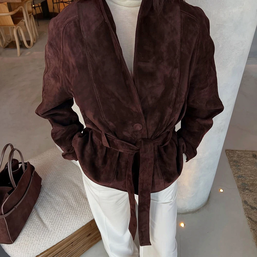 

Talenza Ретро бархатные пальто с поясом женские свободные с длинным рукавом с v-образным вырезом на шнуровке однотонные женские куртки 2025 осенняя уличная верхняя одежда женская новинка