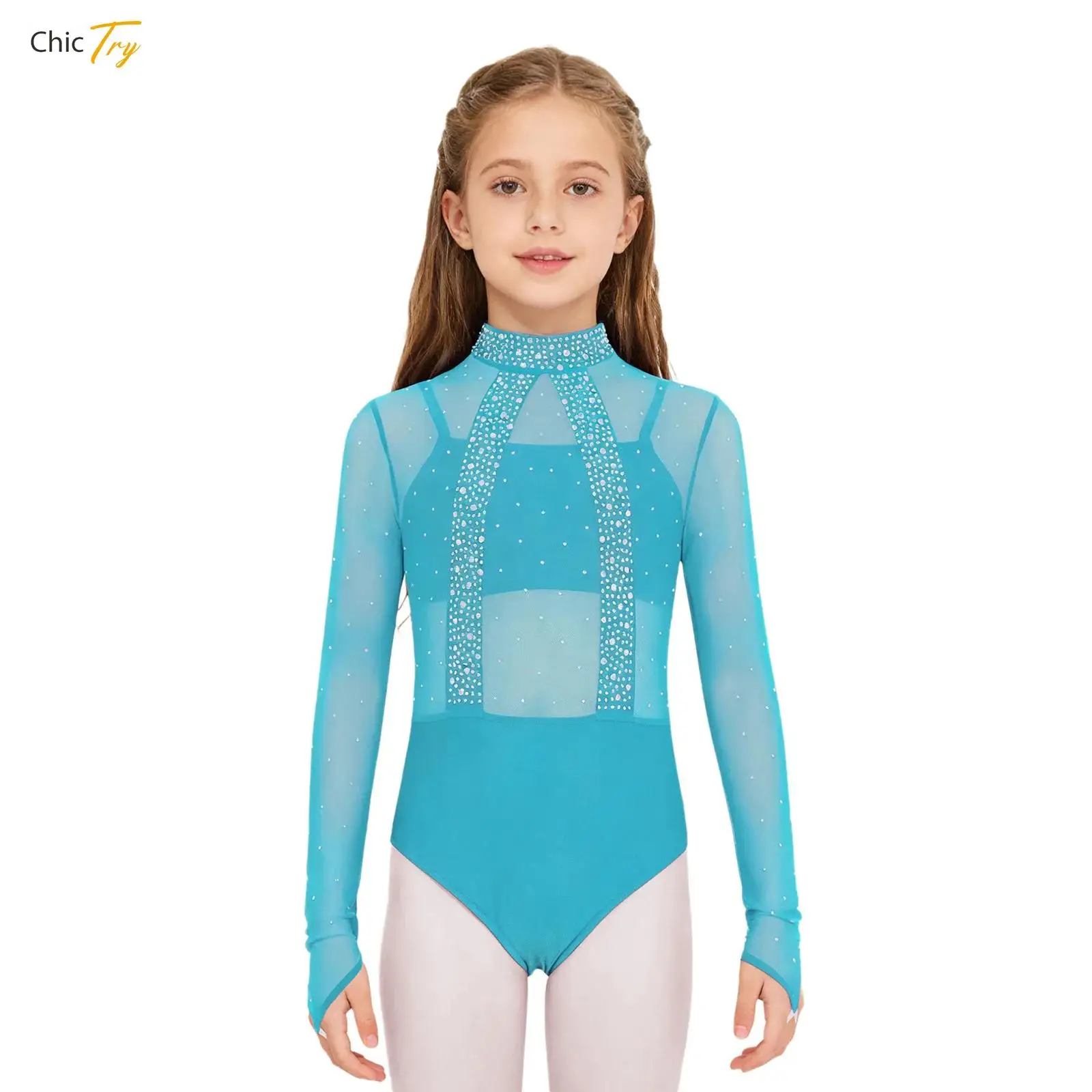 Niños Niñas gimnasia Ballet leotardo patinaje artístico mono manga larga diamantes de imitación malla transparente mono con camisola