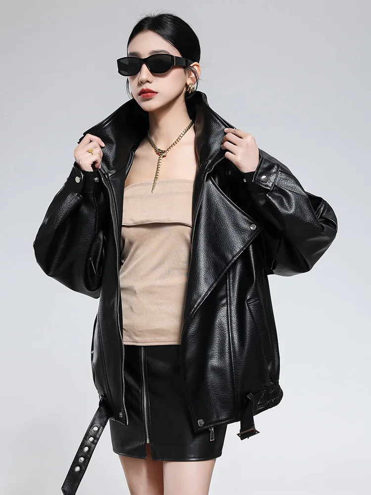 Mauroicardi Spring Autumn Cool Handsome Oversized Brown Soft Pu Leather Jacket Men Belt Loose Casual Runway Fashion Clothes 2025