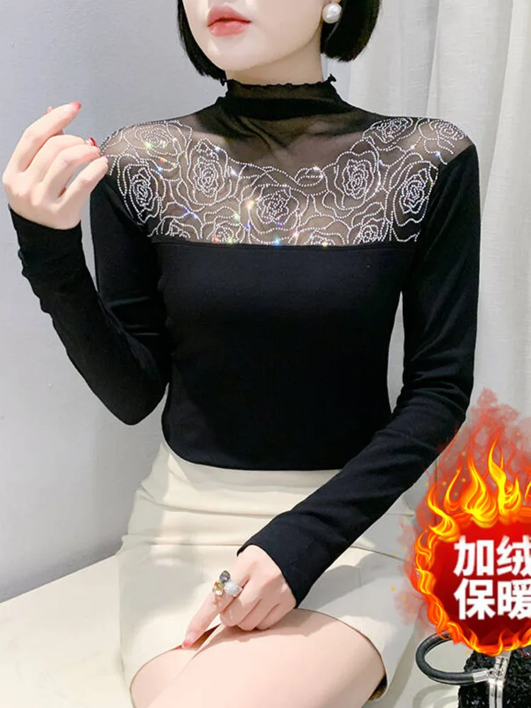 2025 Autum Witer Thick Brushed Ew High Eck Hollowed Out Diamod Ilaid Fashioable Slim Fit Ad Slimmig Base Shirt For