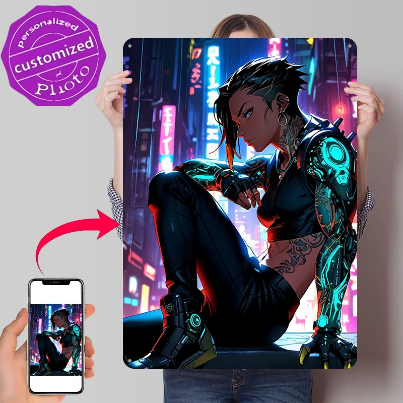 Anime Cyberpunk Cyborg Gir Personalized 3D Textured Metal Poster Wall Art Tinplate Sign for Office Decor Room Bedroom Decoration