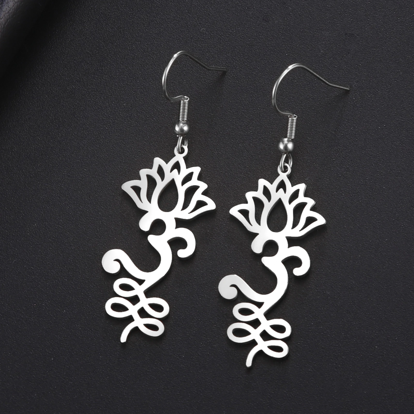 LIKGREAT Lotus Flower Drop Earrings Unalome Symbol Earrings For Women Vintage OM Buddhism Stainless Steel Spiritual Jewelry Gift