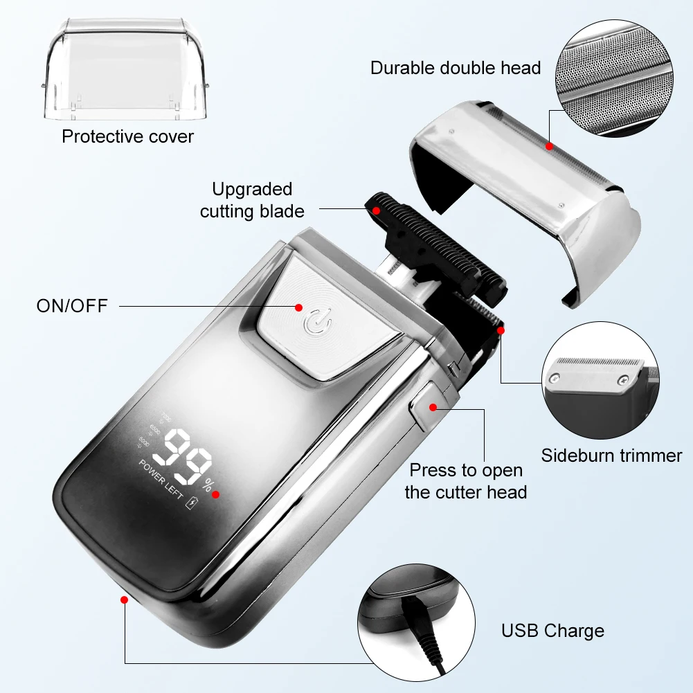 Men's Electric Shaver Hair Clipper Bald Head Reciprocating Whitening Device with Oil Head White Hair Shaver Includes Extra Blade