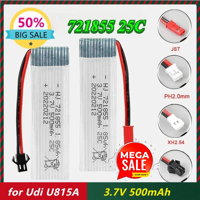 

2PCS 500mAh 721855 25C 3.7V Battery for Udi U815A U819A U818A WLtoys V966 V977 Aircraft H37 Mini Drone Batteries