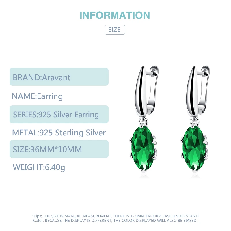 Aravant 925 Silver Oval Green Zircon Drop Earring For Women Fashion Wedding Jewelry