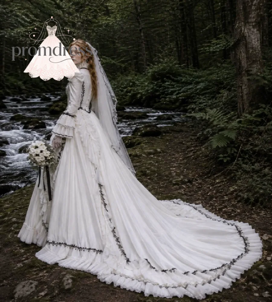 White Gothic Victorian Wedding Dress Black Lace High Neck Medieval Dark Romantic Forest Bridal Gown 2027 Alternative Costume