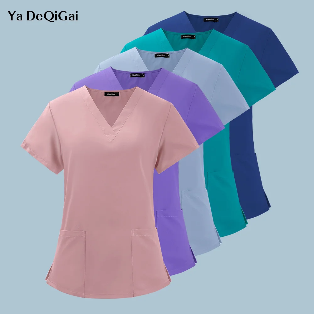 Nurse Uniform Clinic Blouse Summer Women's Short Sleeve V-neck Pocket Care Workers T-shirt Tops Summer Workwear Fsahion Tops