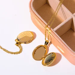 Gold Color Elliptic Sun Moon Eye Pendant Necklace Stainless Steel Geometric Opening Closing Photo Box Choker Trendy Jewelry