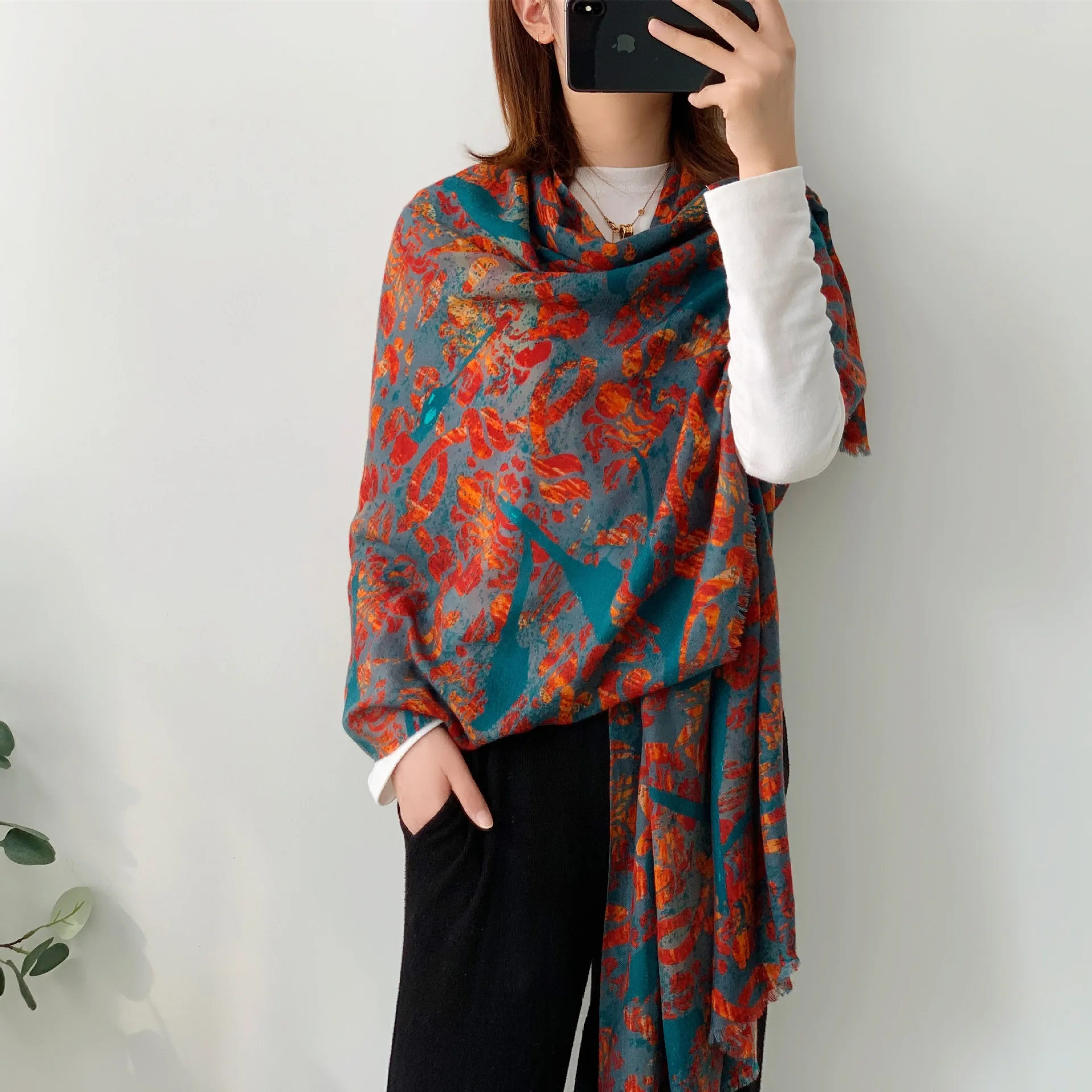 Flame Peacock Thin Cashmere Scarf Spring Autumn Winter Temperament Versatile Warm Shawl Literary Retro Style