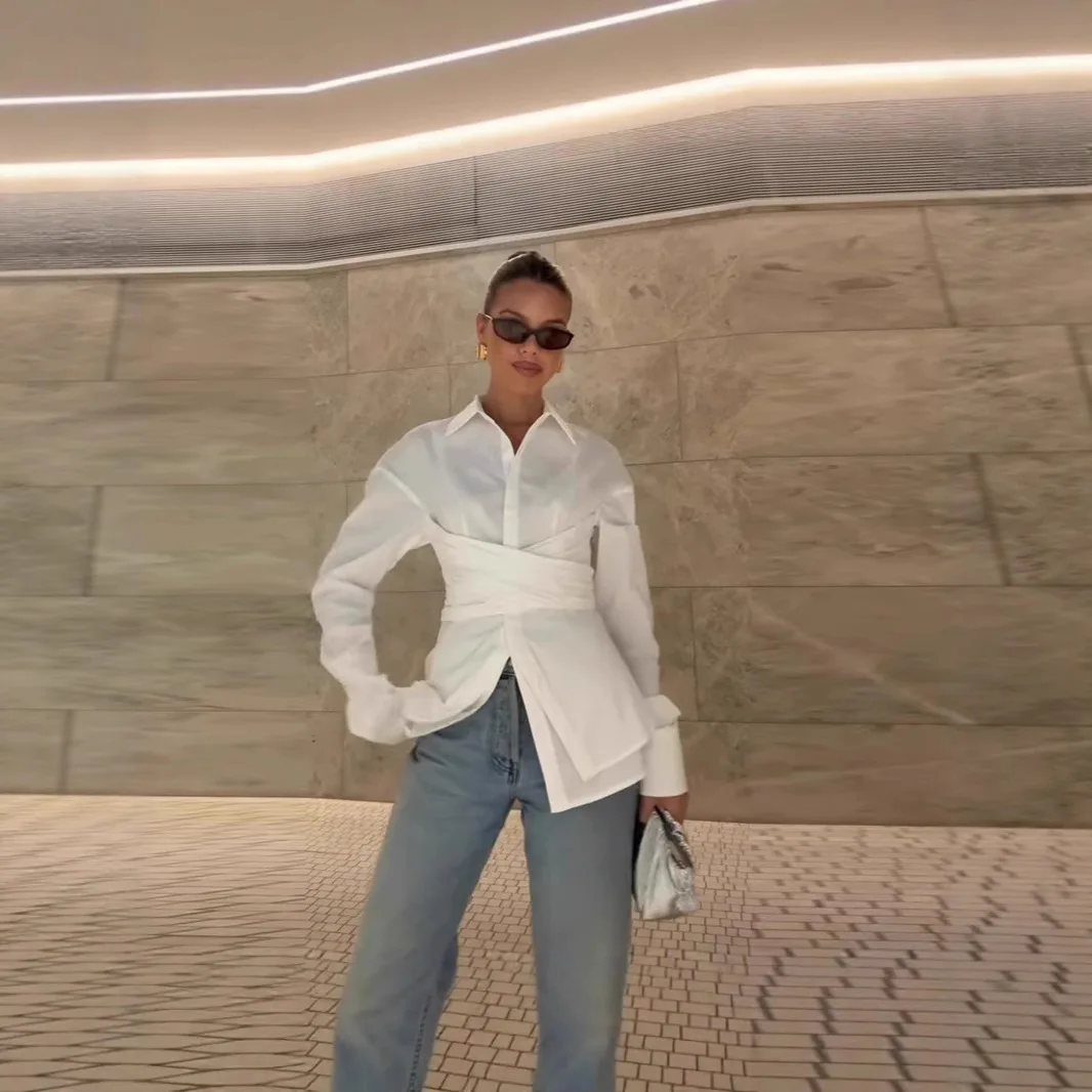 

2025 New Fashion Slim Lapel Long-sleeved Shirt Women Autumn Sexy Elegant Solid Color Irregular Fake Two-piece Top For Women