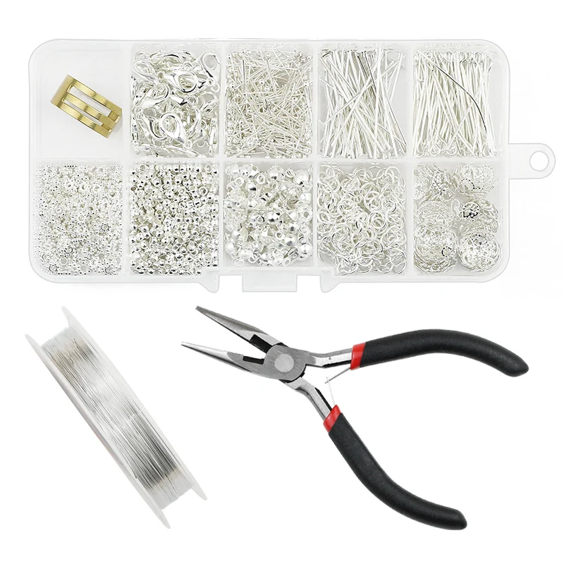 DIY Gold Color Silver Plated Alloy Accessories Jewelry Making Tools Set Clip buckle Open Rings chain lace Buckle Beading Kit Box