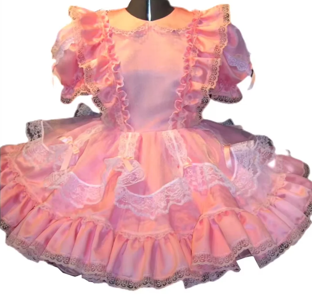 

Fashionable French Adult Giant Baby Sissy Pink Satin Dress Role Play Makeup Prom Maid Dress Custom Lockable
