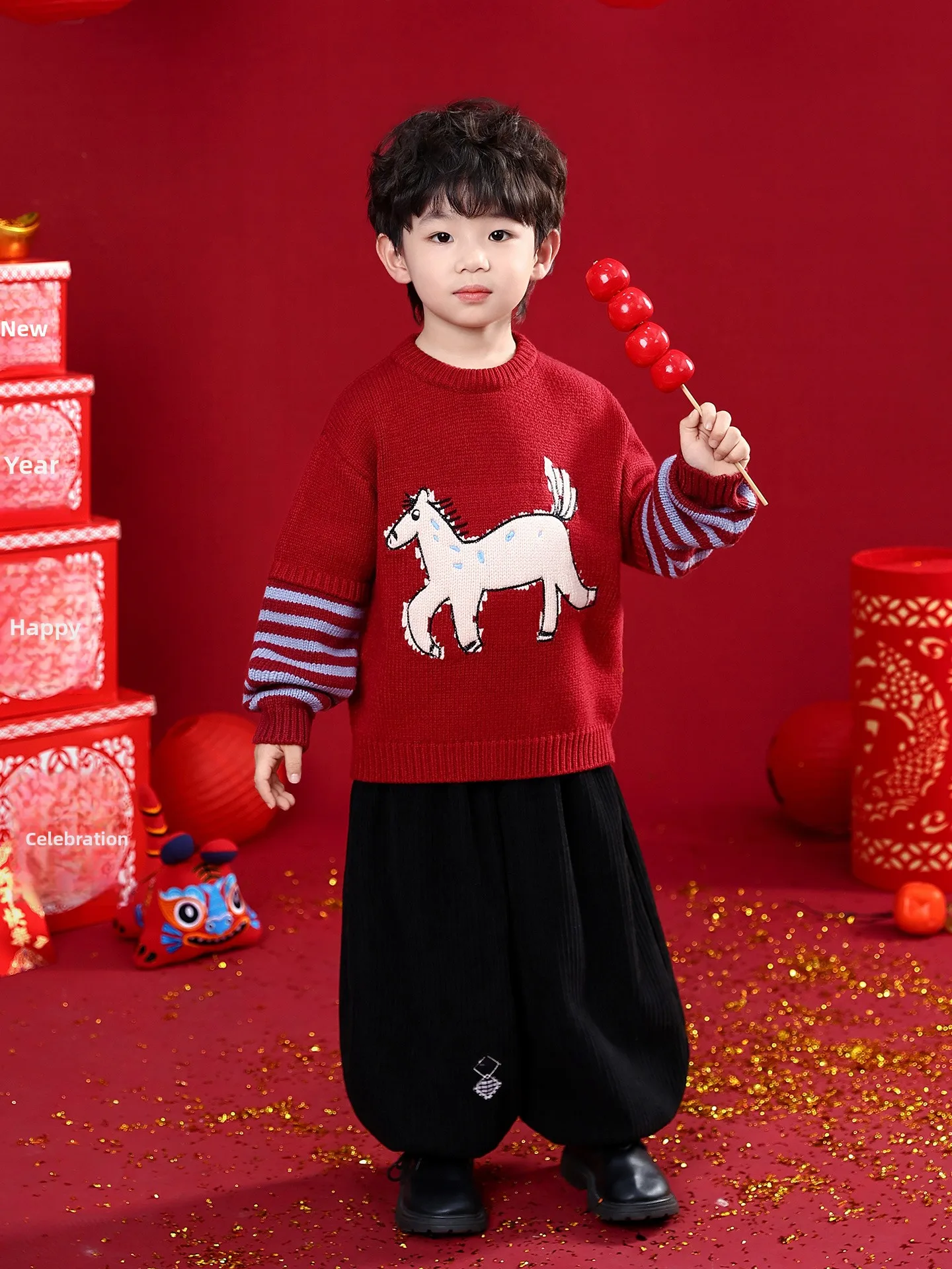 

Вязаный свитер с красным узором для мальчиков, теплый новогодний праздник, модный искусственный двухсекционный зимний длинный све, круглый Ne