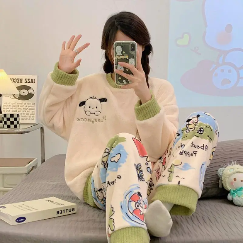 Kawaii Snoopy Cinnamoroll Pajamas Winter Thick Flannel Round Neck Home Clothing Long Sleeved Top Pants Set Girl Christmas Gift