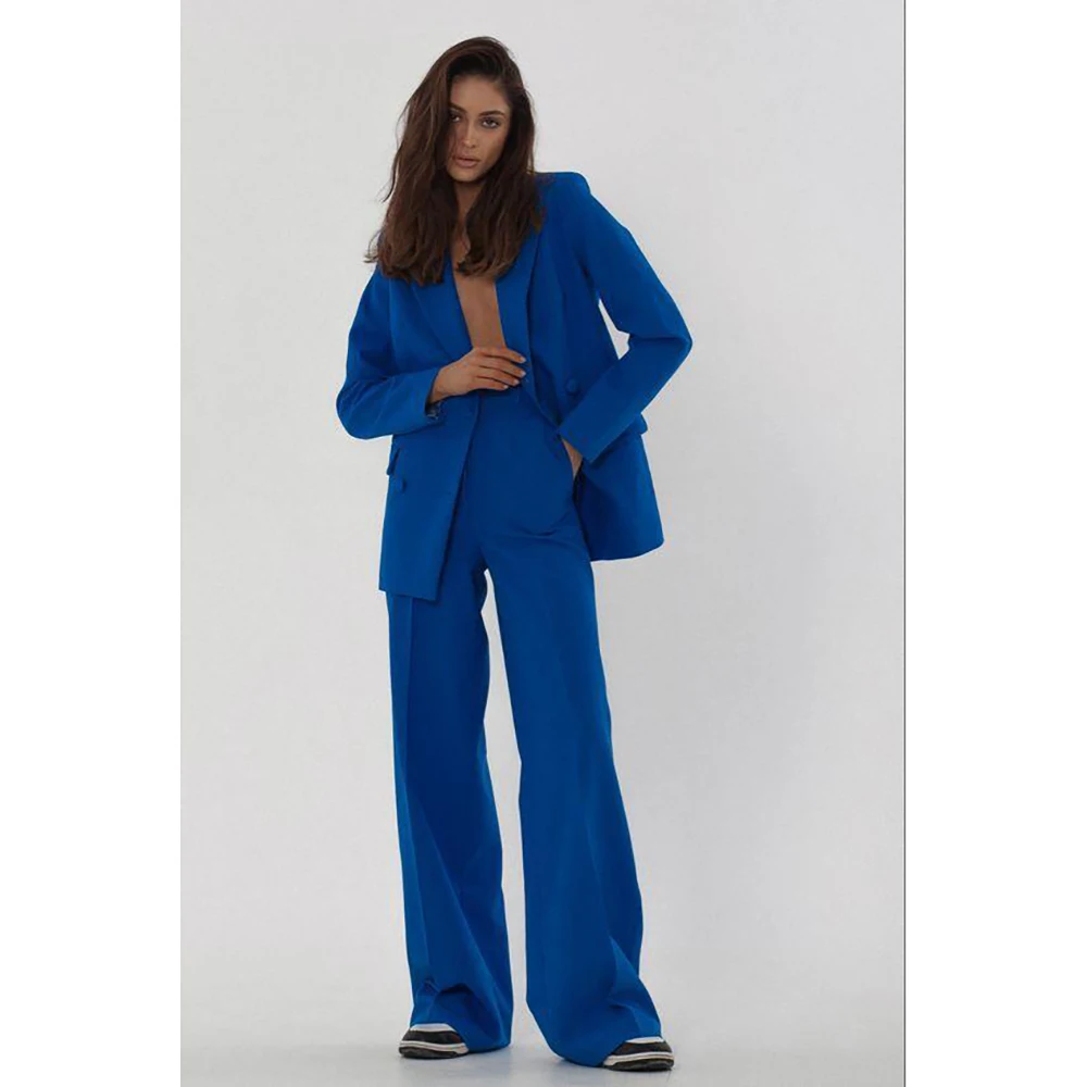 Slim Royal Blue Double Breasted Women Pants Set New Female Two Pieces(Blazer+Trousers) conjuntos femininos elegantes