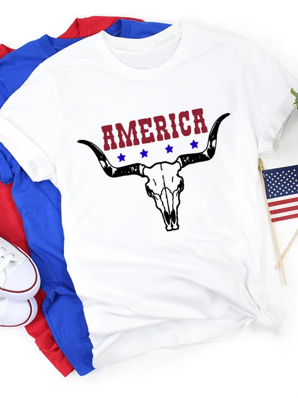 

Hot Sale Fashion Independence Day Female T-shirt Vintage America Ox Skull Blue Start Print Fashion Casual Comfort Women Shirt