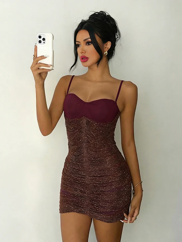 Nibber Modisches Kleid für Damen, Eleganter Quadratischer Ausschnitt, Sexy Glänzender Faden, Quasten, Ärmellos, Patchwork, Party, Club, Pfirsichfarben, Hüftbetontes Mini-Bodycon-Kleid