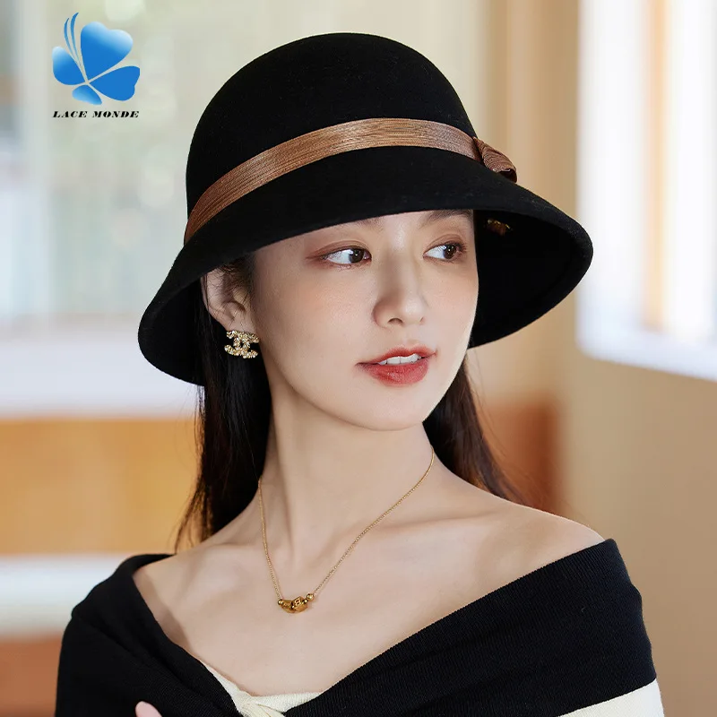 Hepburn style winter wool top hat Ladies fashion elegant light luxury silk hemp ribbon pearl fisherman hat