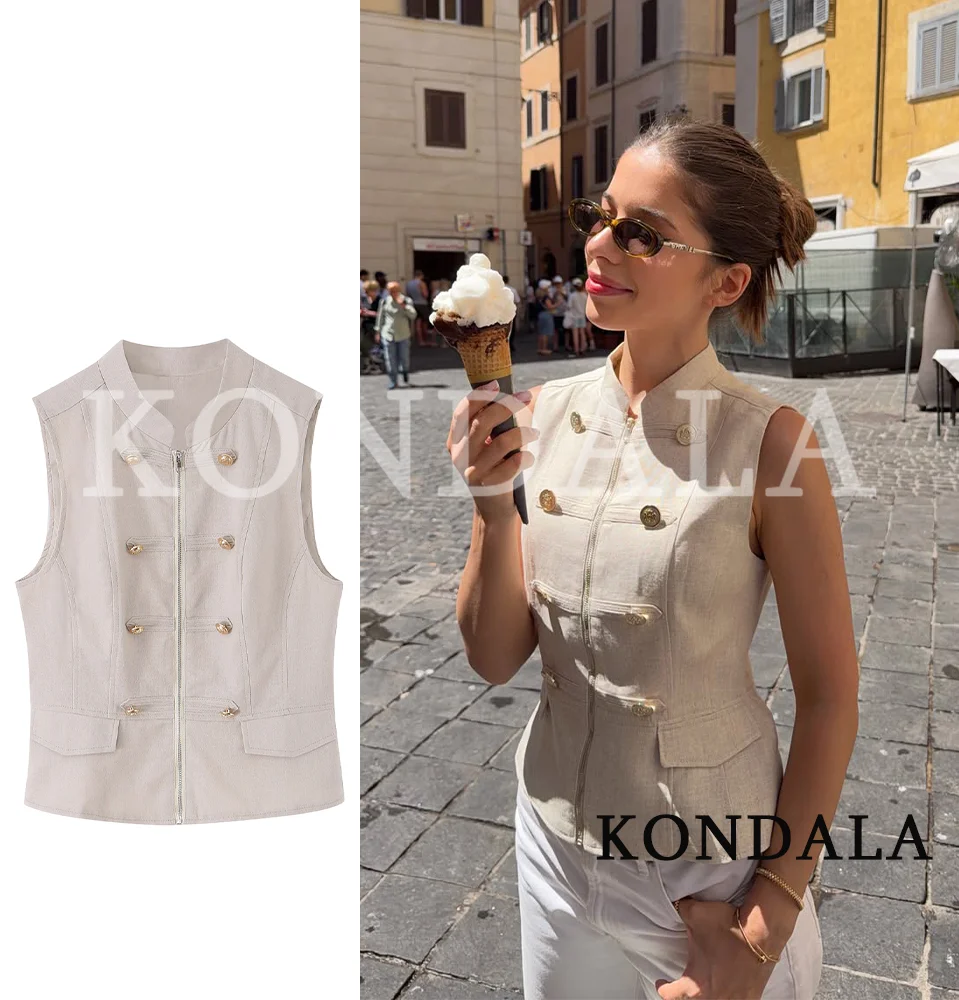 KONDALA Women Vintage Casual Zipper Vest 2026 Summer Trendy High Street Holiday Buttons Trim Vest Female Sleeveless Slim Vest