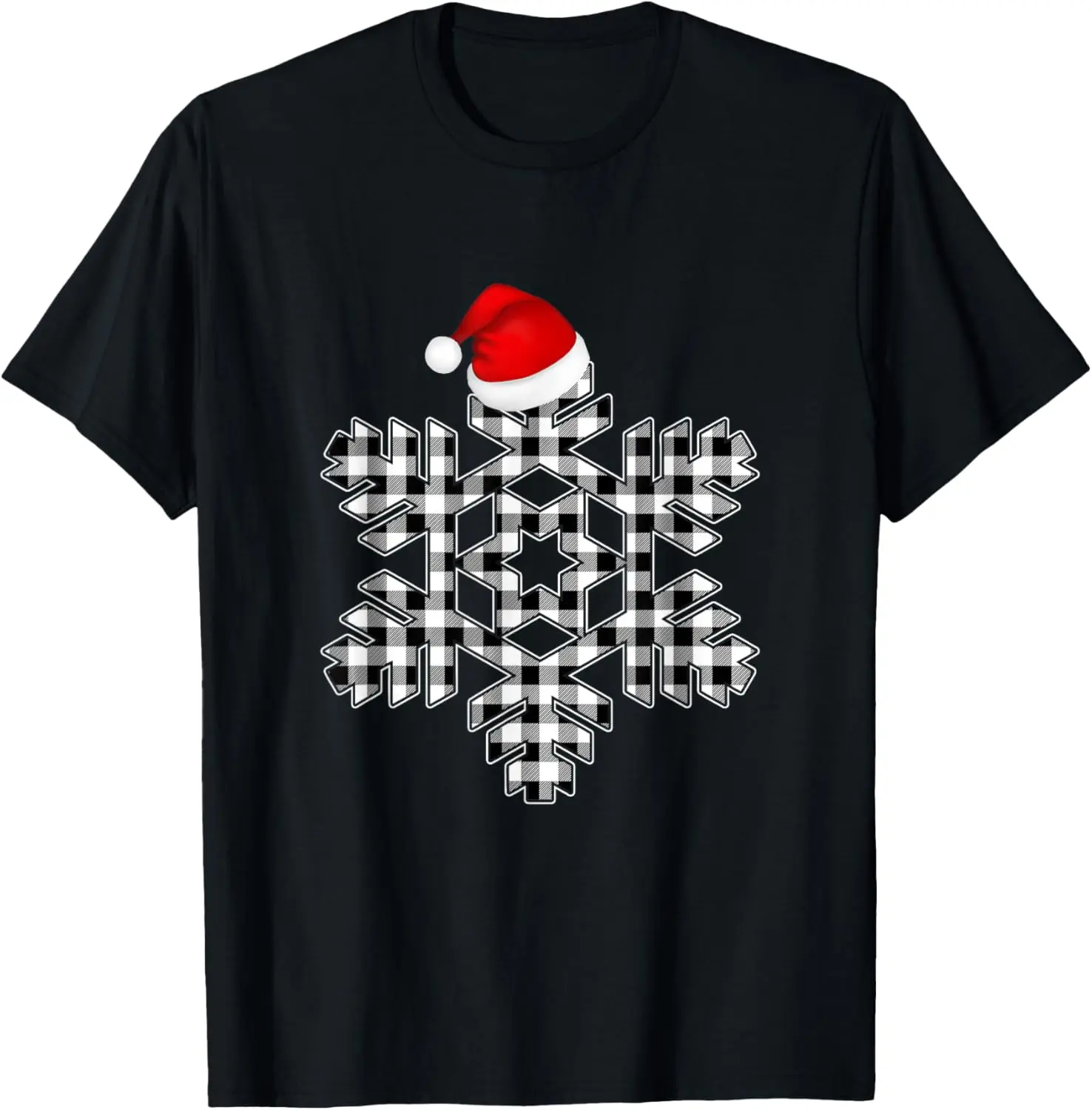 White & Black Christmas Buffalo Plaid Snowflakes Santa hat T-Shirt