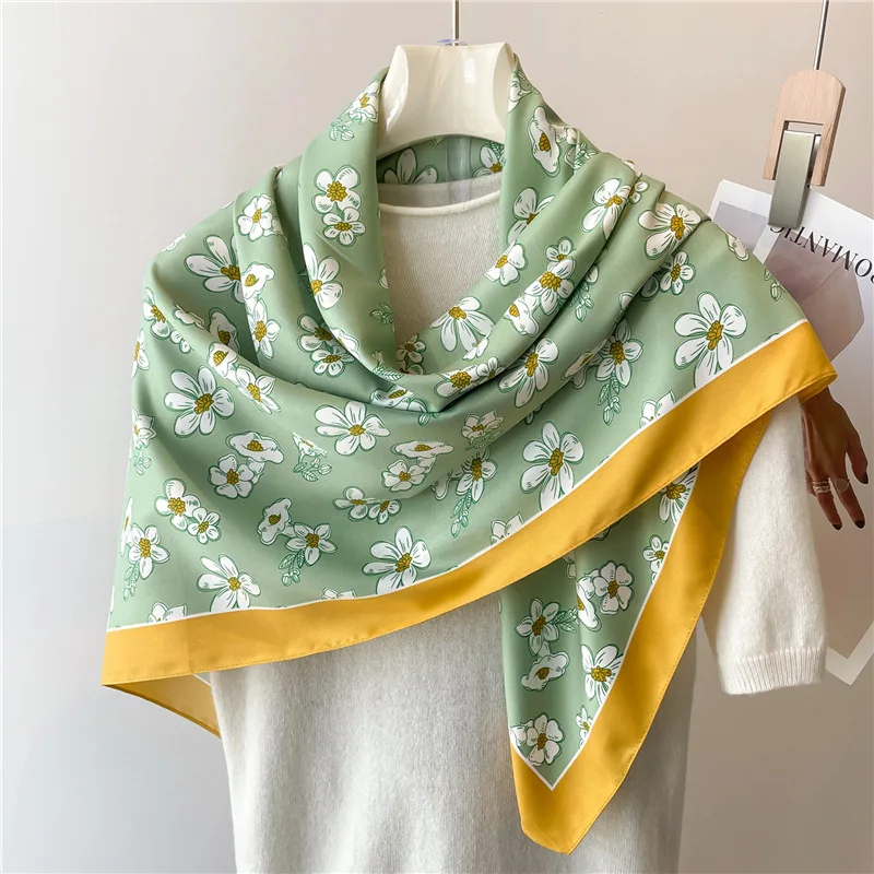 2024 Luxury 90*90cm Flower Print Silk Scarf Women Fashion Popular Scarves Shawl Bandanna Hijab Foulard Ribbon Neckerchief Wraps