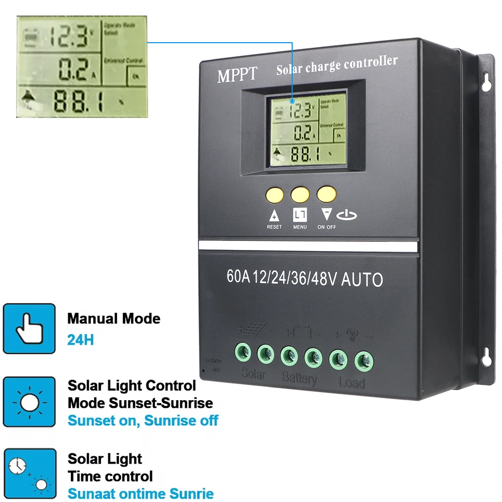 60A MPPT Solar Controller For 12V 24V 36V 48V Auto Lithium Lifepo4 GEL SLD Battery