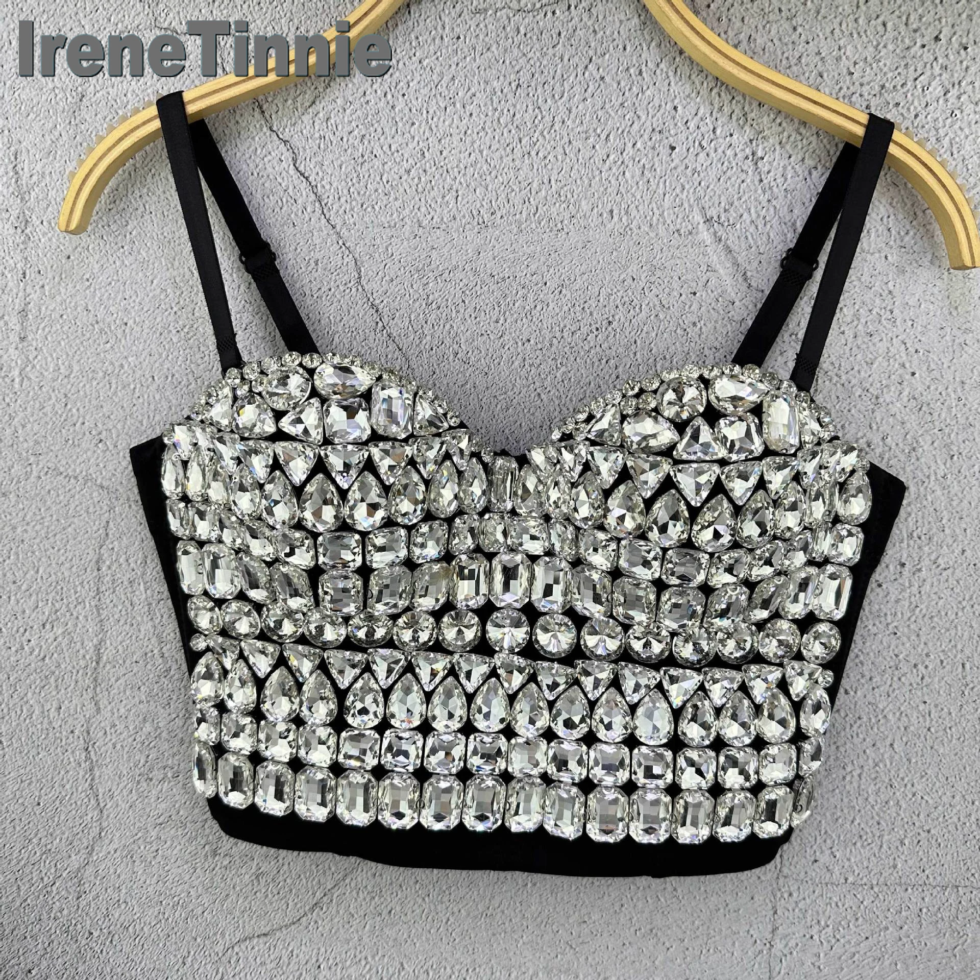 

IRENE TINNIE Luxury Glisten Backless Tank Top Women Rhinestones suspenders Crop Top Push Up Corset Black Clothes Lady Crop Shirt