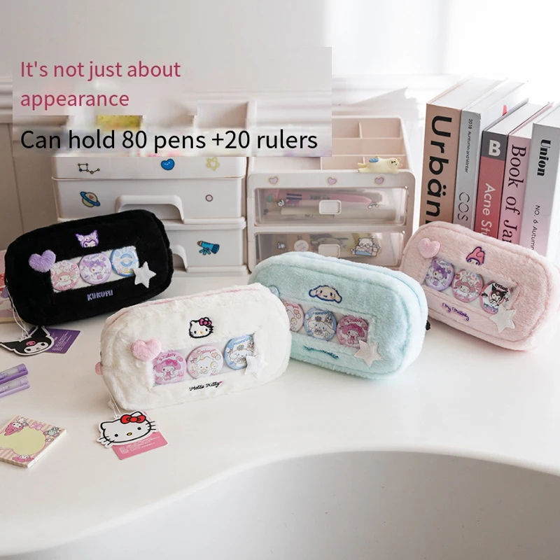 Hello Kittys Anime Sanrios Cosmetic Bag Cute Cartoon Pencil Case Large Capacity Kawaii Cartoon Student Velvet Stationery Box