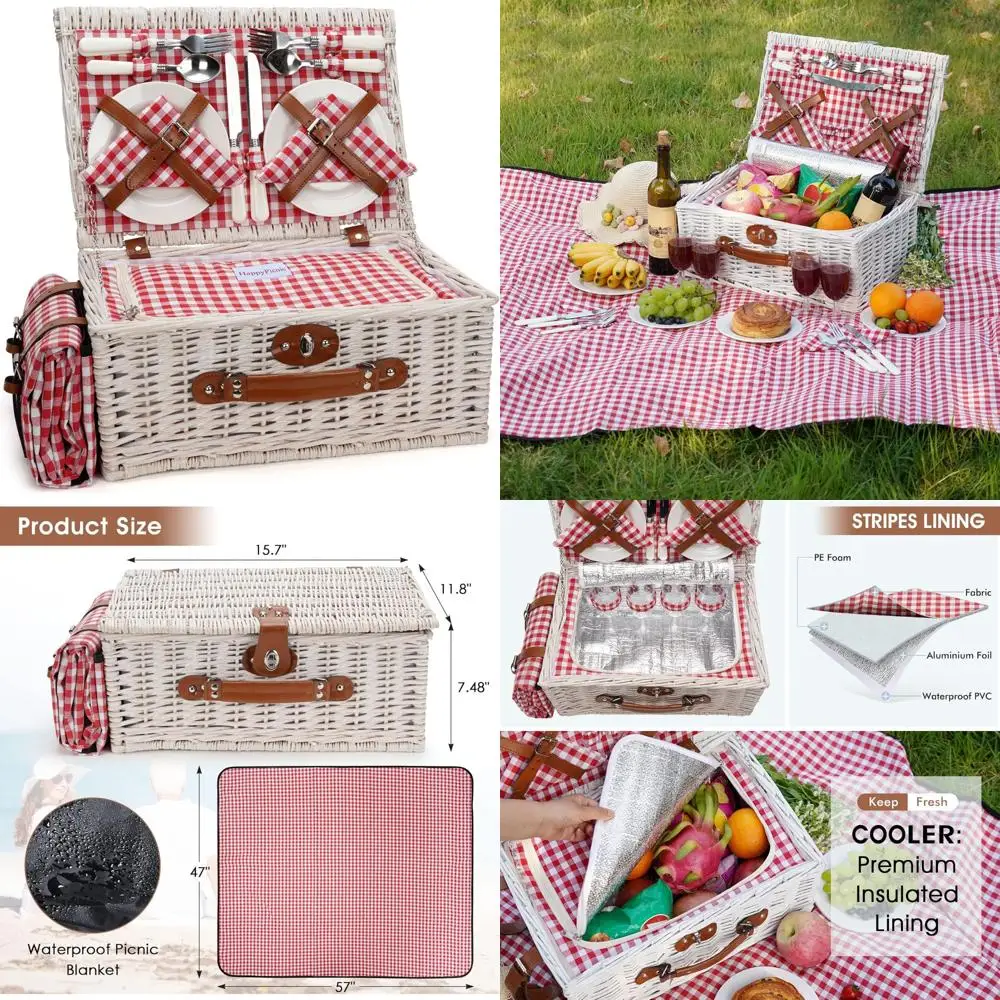 

Набор охлаждающих корзин для пикника для четырех человек с водонепроницаемым одеялом, изолированной секцией и столовыми приборами