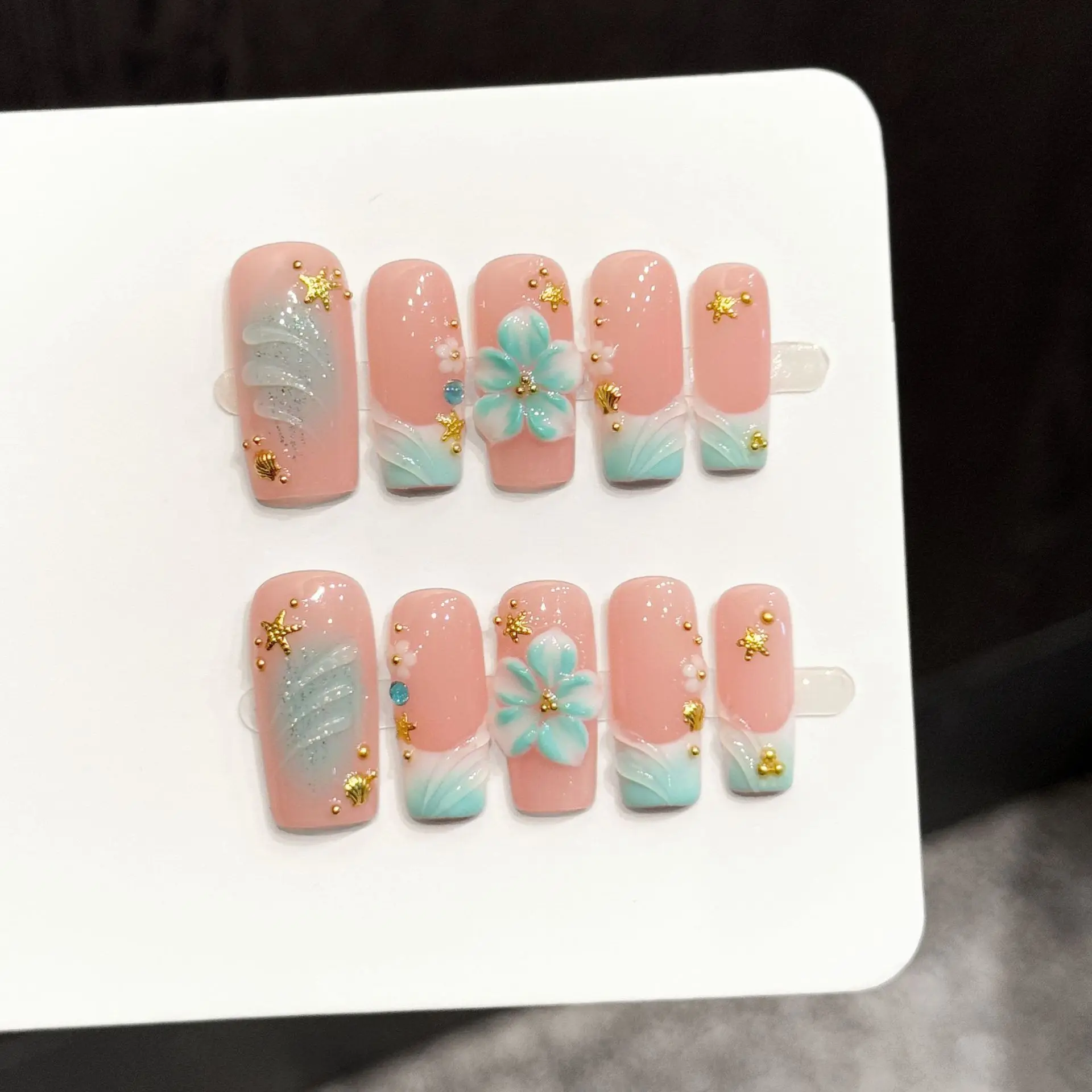 

10Pcs 3D Flower French Blue Smudge Press on Nails Tips Ocean Style Square Wearable Handmade False Nails Starfish Shell Fake Nail