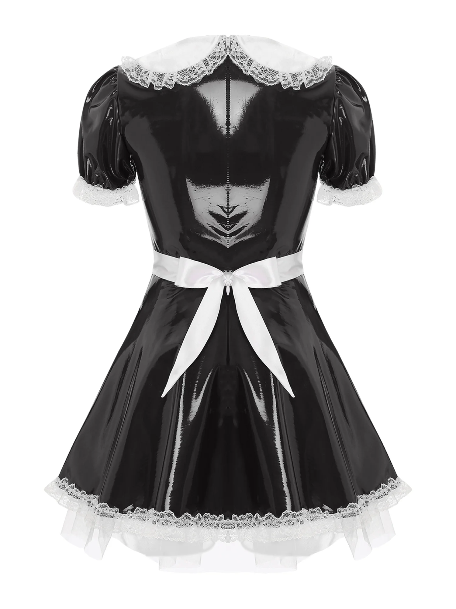 Womens Servants Cosplay Costume Leather Maid Dress with Apron Puff Sleeve Ruffle Lace A-Line Dress Carnival Party Fancy Dress